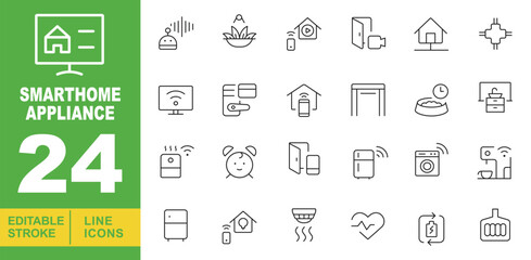 Smarthome Appliance line icon set. Editable stroke icons for website. Containing sound, plant, house, door, house, connection, monitor, wallet, house, door, clock, cabinet, air conditioner, alarm.