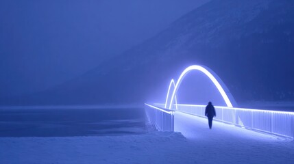 Mysterious blue hues envelop bridge, illuminating path for solit