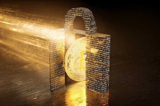 Digital bitcoin security: illuminated bitcoin symbol behind padlock made of binary code.
