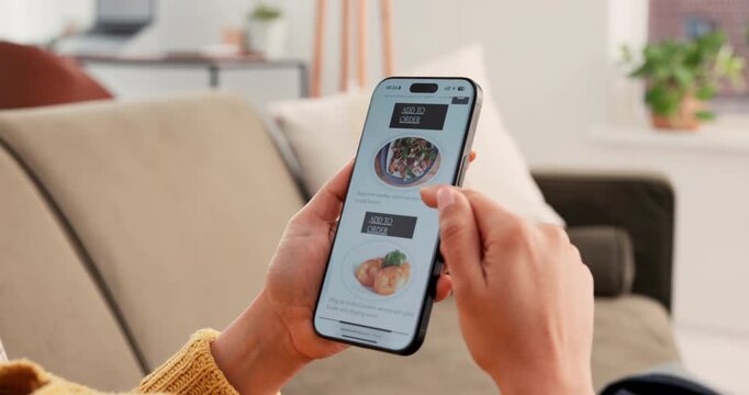 Woman, hands and phone with restaurant menu on sofa for food website, ecommerce or online order. Female person, user or scrolling with mobile smartphone app for fastfood or takeaway shopping in home