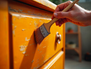 Hand sanding old wooden furniture surface for restoration and renovation project
