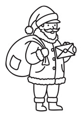 Obraz premium Black outline drawing of a jolly santa claus holding a letter and carrying a large gift sack over his shoulder.