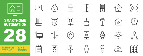 Smarthome Automation line icon set. Editable stroke icons for website. Containing laptop, timer, lock, unlock, door, remote, house, eye, window, medal, globe, books, lamp, house, computer, sliders.