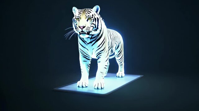 A glowing holographic white tiger standing on a digital platform with a tablet in the foreground. 4k Video footage