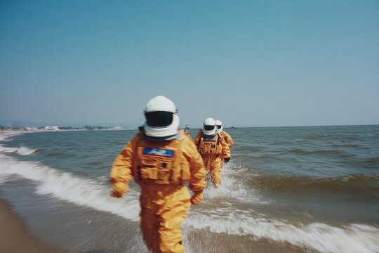 Astronauts in bright suits running along sandy beach, waves cras