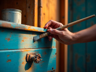 Hand sanding old wooden furniture surface for restoration and renovation project