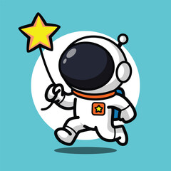 Cute Astronaut Holding Star Wand Illustration for Space Cartoon Character and Fantasy Adventure Concept