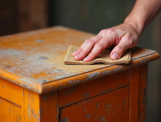 Hand sanding old wooden furniture surface for restoration and renovation project