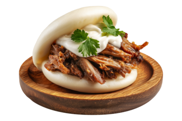 Polynesian steamed bao bun filled with shredded pork, creamy sauce, and cilantro leaves, isolated on white transparent background, concept of Polynesian Snacks Keke Pua street food
