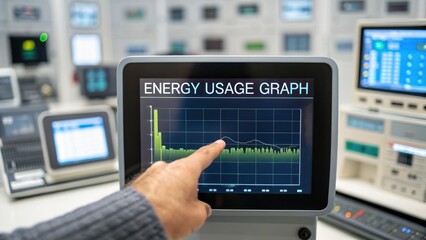 ai cloud for iot devices Energy usage graph displayed on a digital screen with a hand pointing at the data.