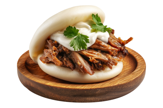 Polynesian steamed bao bun filled with shredded pork, creamy sauce, and cilantro leaves, isolated on white transparent background, concept of Polynesian Snacks Keke Pua street food