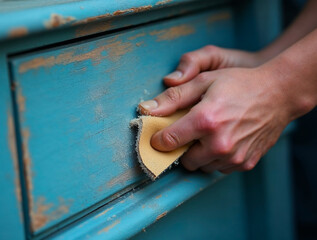 Hand sanding old wooden furniture surface for restoration and renovation project