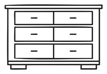 Black outline drawing of a simple six-drawer dresser, featuring two rows with three drawers each, showcasing minimalistic design.