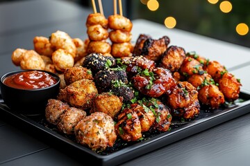 Grilled meat feast gourmet restaurant food platter elegant setting close-up view culinary delight