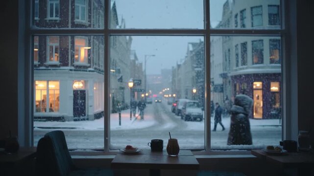 Cozy view from a warm cafe window showing people and cars on a city street during a heavy winter snowstorm. A tranquil urban scene