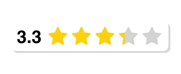 Rating bar with numeric label 3.3 in flat white rectangular design, customer review feedback score for product and service quality, PNG with transparent background