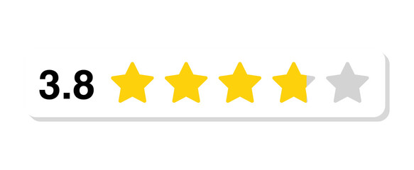 Rating bar with numeric label 3.8 in flat white rectangular style, customer review feedback score for service and trust, PNG with transparent background