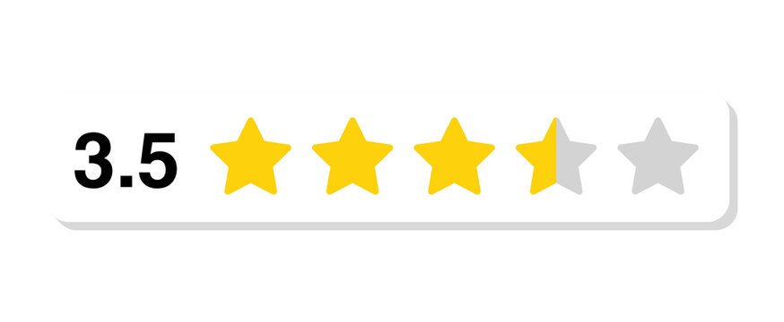 Rating bar with numeric label 3.5 in flat white rectangular design, medium review feedback score for service and product quality, PNG with transparent background