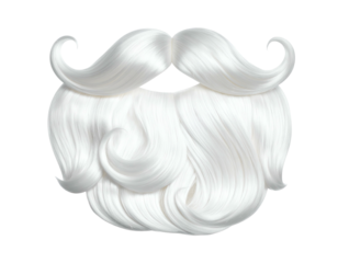 A curly, white beard and mustache, against a black background, festive and jolly