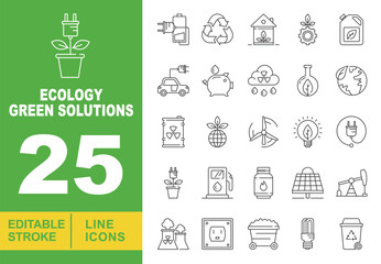 Ecology Green Solutions line icon set. Editable stroke icons for website. Containing battery, recycle, house, plant, gear, canister, car, piggy bank, cloud, flask, globe, barrel, globe, windmill.