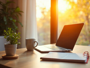 Futuristic laptop with neon lights and glowing plant on desk in dark office
