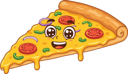 Cute cartoon pizza slice with cheese, tomato, onion, and vegetables, happy face, funny food character vector illustration isolated on white background