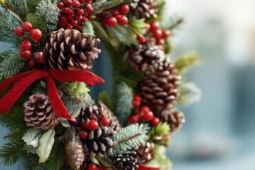A festive Christmas wreath decorated with pine cones and red bows, perfect for holiday decorations.