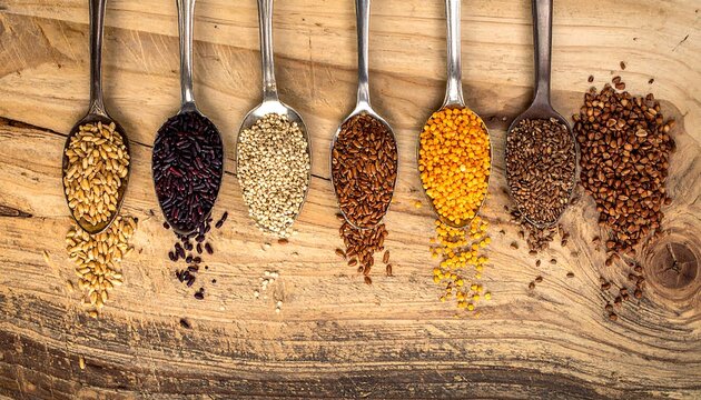 Close-up photo of seven spoons, each filled with different types of grains and seeds, displayed neatly on a wooden surface