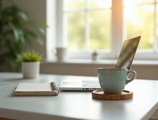 Futuristic laptop with neon lights and glowing plant on desk in dark office
