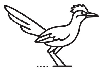Obraz premium Black outline drawing of a cartoon roadrunner standing with its characteristic long tail and crest feathers.