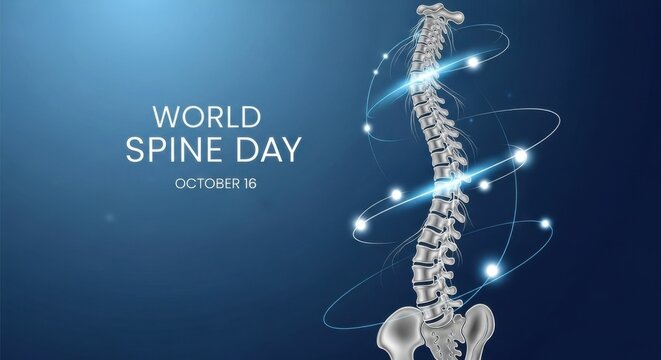 World Spine Day banner with human spine illustration on blue background, symbolizing posture, back care, orthopedic health, chiropractic awareness, and wellness
