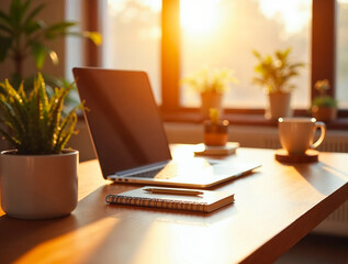 Futuristic laptop with neon lights and glowing plant on desk in dark office