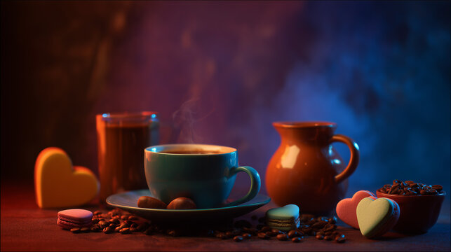 Steaming coffee moment with macarons and hearts, perfect for cozy vibes and romance, ideal for Valentine's Day promotions and sweet cafe designs - Powered by Adobe