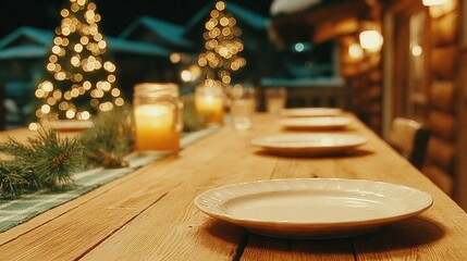 Warm outdoor setting with illuminated trees, inviting wooden tab