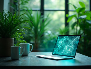 Futuristic laptop with neon lights and glowing plant on desk in dark office