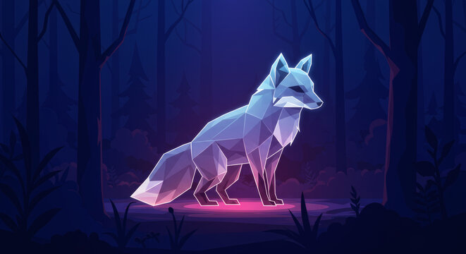 Abstract geometric fox silhouette in forest with glowing light nature concept