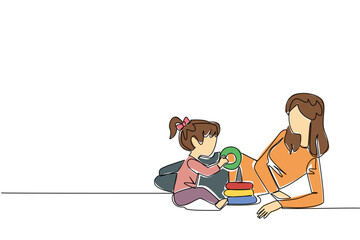 Continuous one line drawing a babysitter lying on floor accompanying girl playing donut stacking. The nanny who hone intelligence. National Babysitter Day. Single line draw design vector illustration