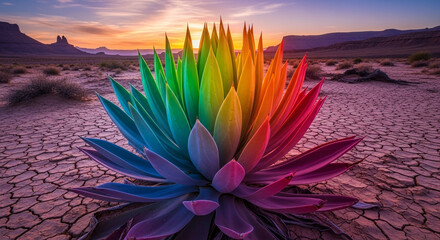 A vibrant rainbow colored agave plant stands out against the arid desert landscape, its unique hues creating a stunning contrast at sunset
