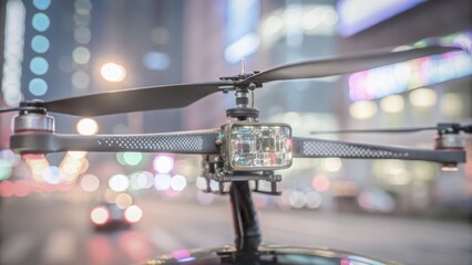 futuristic war cityscape Drone close-up with blurred city lights in the background, showcasing modern technology in urban settings.