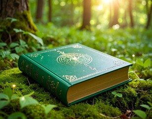 Book lies on mossy forest floor