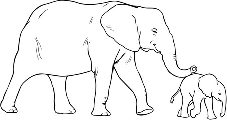 ELEPHANT WALKING WITH BABY LINE ART