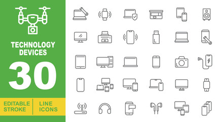 TechnologyDevices line icon set. Vector pictograms of laptopRepair, smartwatch, laptopShield, tabletDock, phoneSpeaker, monitor, printer, phone, usb, laptop, phoneRepair, tablet. Editable stroke.