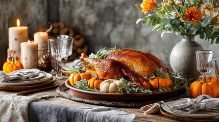 A festive Thanksgiving feast with a roasted turkey centerpiece and autumnal decorations. The table is adorned with pumpkins, candles, and a beautiful floral arrangement