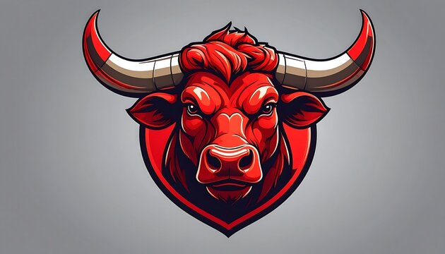 A stylized, vibrant illustration of a red bull's head, featuring prominent horns and a determined expression, against a gradient gray background