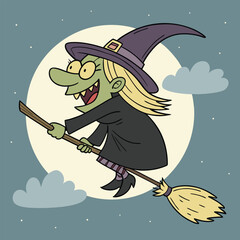 A fun cartoon witch in a black costume and hat is flying on a broom past the moon at night for Halloween