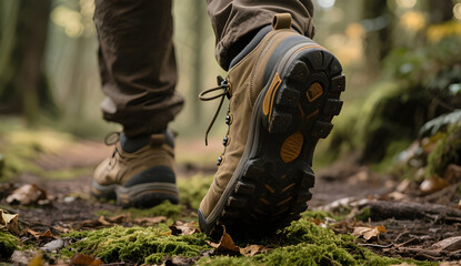 A soldier's combat boots in the forest show a pause in military sport training amid nature's camouflage