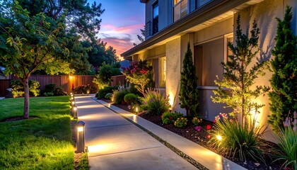 Obraz premium Evening view of a home with illuminated pathway leading to the front door, lush greenery surrounds it, and a soft sky