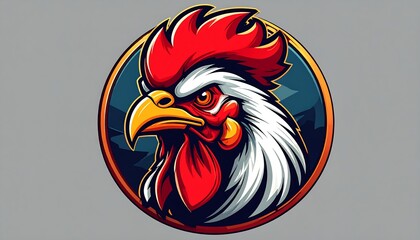 A vibrant cartoon illustration features a rooster's head within a circular frame, displaying a bold color palette and detailed features