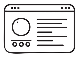 Fototapeta premium Black outline vector icon of a simple browser window with circular chart and horizontal lines. minimal linear design for web development and interface concepts.