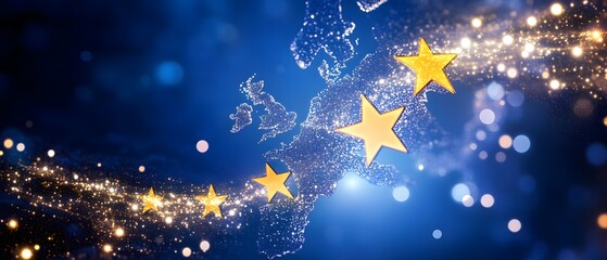 Fototapeta premium Golden stars over Europe map with sparkling lights on a blue background